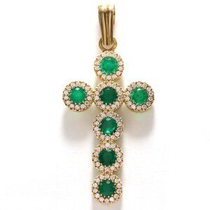Cross Pendant UNISEX 18k Yellow Gold 7 Natural Emeralds and 98 Naturald Diamonds